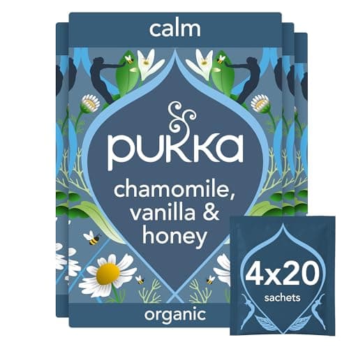Image of Pukka Herbs | Chamomile, Vanilla and Manuka Honey Organic Herbal Tea Box | Infusion With Licorice & Fennel | Perfect For Calming | Caffeine Free | 4 Packs | 80 Plant Based Biodegradable Tea Bags