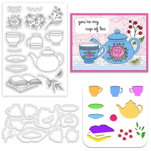Image of INFUNLY 3pcs Tea Cup Stamp and Dies Flower Cutting Dies Teapot Clear Stamp for Card Making Teacup Saucer Cutting Stencil Heart Book Metal Die Cut Stencils for DIY Scrapbooking Journaling Craft