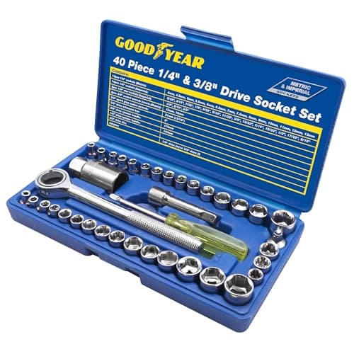 Image of Goodyear 40PC 1/4" and3/8 Drive Socket Set Contains Metric, Imperial Sockets, Spark Plug Socket,Spline Sockets,Extra Round Walls, Include Spinner Handle, Ratchet Handle, Extension bar, Adaptor, disc