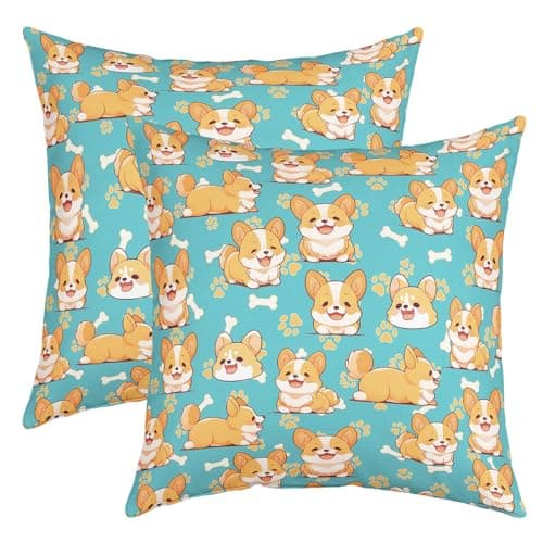 Image of Vintage Farmhouse Corgi Pillow Covers Set of 2,Cute Pet Watercolor Yellow Dog Puppy Throw Cushion Covers 16"x16",Kawaii Dog Footprints Retro Blue Print Room Decor Cushion Cases for Couch Bed