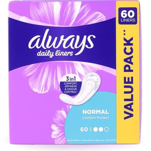 Image of Always Daily Panty Liners Normal - 60 Unscented Pantyliners, Dailies Big Pack, Normal Absorbency, Breathable Cottony Topsheet, Flexible, Dermatologically Tested