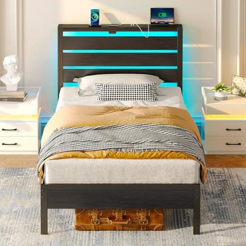 Image of Rolanstar 3ft Single Bed Frame with LED Lights, 90x190cm Metal Bed with Headboard Storage Shelf, Integrated USB & Type-C Charging Station, Under-Bed Storage, Black