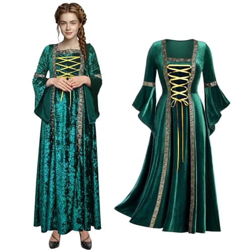 Image of Retro Medieval Women's Dress with Trumpet Sleeves, Medieval Victorian Green Velvet Queen Dresses, Renaissance Irish Dress, Carnival Halloween Party Princess Costume Witch Clothing(Green, M)