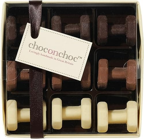 Image of Choc on Choc - Chocolate Dumbbells - Handmade Belgian Chocolate Gym Weights - Novelty Gift for Fitness Lovers, Secret Santa, Stocking Fillers, Christmas Fun - 9 Pieces - 75g