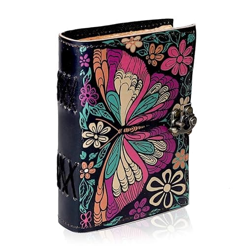 Image of Handmade Colorful Butterfly Leather Journal Floral Printed Diary with Vintage Deckle Edge Paper Antique Writing Journal for Men and Women Travel Diary for Notes Sketching Drawing and Gifting 5x7