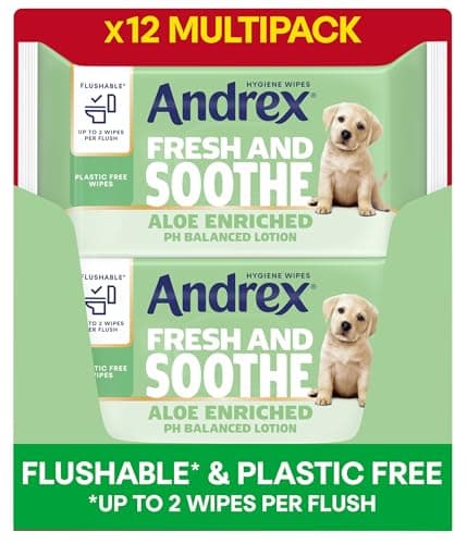 Image of Andrex Fresh and Soothe Hygiene Wipes, 12 Packs - Flushable Toilet Wipes - Skin Kind - Contains Aloe Vera and Prebiotic Lotion- Biodegradable and Plastic-Free, FSC Certified