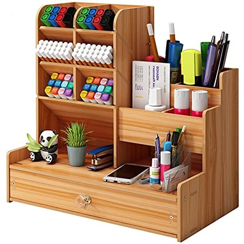 Image of Marbrasse Wooden Desk Organiser,Pen Holer for Desk,Stationary Organiser,Desktop Storage Organizer Caddy (Cherry Wood)