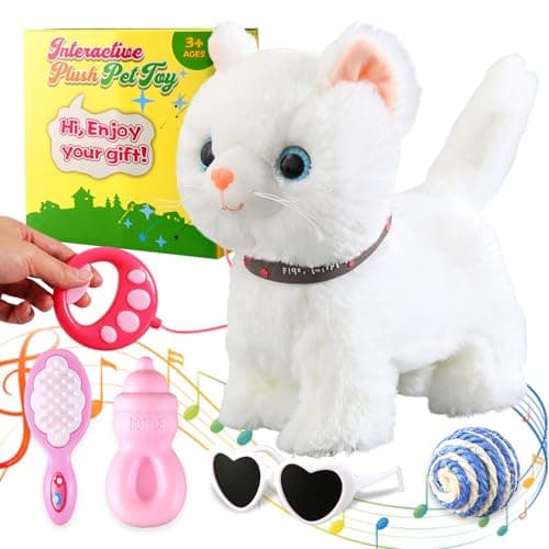 Image of Marsjoy White Leash Walking Cat Set Singing That Purrs and Meows Animated Plush Robot Kitten Pet Moving Plush Realistic Stuffed Animal Remote Control Cute Kawai Robotic Kitty Toy for Kid