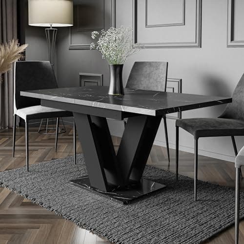 Image of PHD FURNITURE Extendable Dining Table 120–160 cm, Modern 4–6 Seater with V-Shape Base, Black Royal Marble Effect Top, Space-Saving Dining Table for Kitchen or Dining Room
