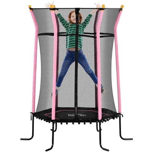 Image of HOMCOM 4 FT/ 48 Inch Kids Trampoline With Enclosure Net Mini Indoor Trampolines for Child Toddler Age 3-6 Years Pink