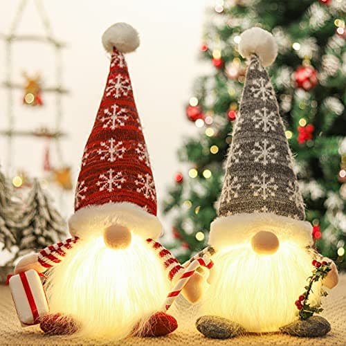 Image of QIFU Light Up Gnome Christmas Decorations, 2pcs Red and Grey Christmas Gonk Lights, Xmas Light Up Ornaments, Handmade Swedish Santa Tomte Gnome for Indoor Decoration, Holiday Party Décor