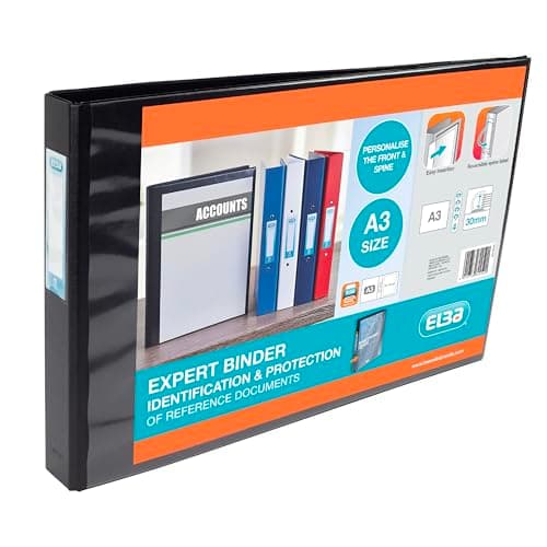 Image of Elba A3 4 D-Ring Binder, PVC-Covered Presentation Folder with Customisable Cover, 55 mm Spine, 30 mm Capacity, Landscape, Black, Single