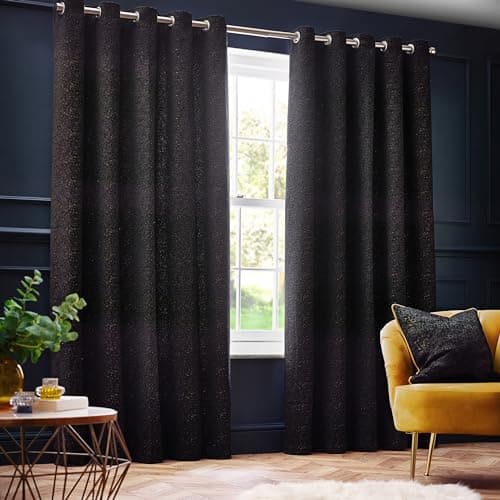 Image of Paoletti Galaxy Eyelet Curtain Pair – Lined Room Darkening Luxury Opulent Chenille Curtains (Black - 168x229cm)