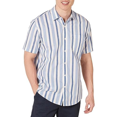 Image of Amazon Essentials Men's Regular-Fit Short-Sleeve Poplin Shirt, Blue White Stripes, XL