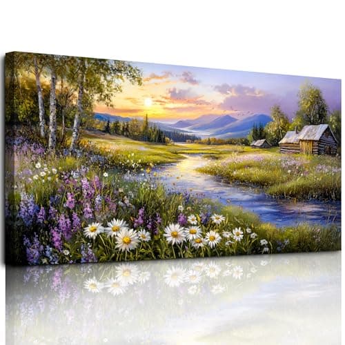 Image of hyidecorart Canvas Wall Art for Living Room Large, 20"x40" Colorful Flowers by the River Pictures Prints, Modern Bedroom Decor Aesthetic, Countryside Wall Decorations for Bathroom Hallway Dining Room