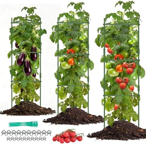 Image of Ergohortus Tomato Plant Support for Garden, 3 Packs Tomato Cage for Climbing Plants Outdoor, 120cm Triagnle Tomato Planter Garden Plant Trellis for Vegetables Flowers Fruits with Clips and Twist Ties