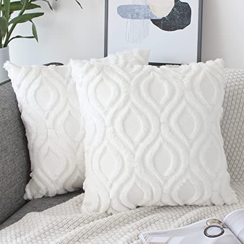 Image of NIULAA Set of 2 Soft Fluffy Faux Fur Cushion Covers 50cm x 50cm White Embroidered Boho Decorative Throw Pillow Cases Plush Velvet Cushion Cover 20x20 Inches for Sofa Living Room Farmhouse