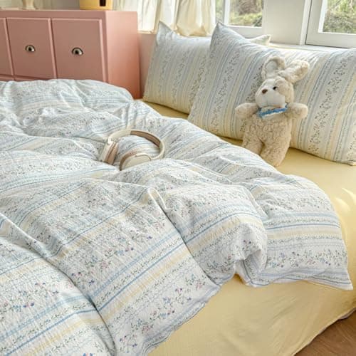 Image of Covebett Duvet Cover Sets Double Size Blue Yellow Flowers Floral Striped Reversible Microfibre Bedding Set Botanical Aesthetic Girls Quilt Cover 200x200 with Zipper Closure and 2 Pillowcase 50x75 cm