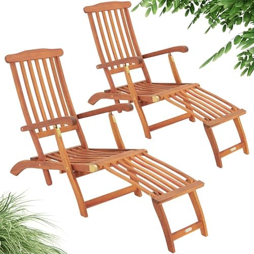 Image of CASARIA® Queen Mary Sun Loungers Set of 2 | FSC®-Certified Acacia Wood | 160kg Load Capacity | Weatherproof Wooden Garden Lounger With Armrests | Adjustable Footrest Section