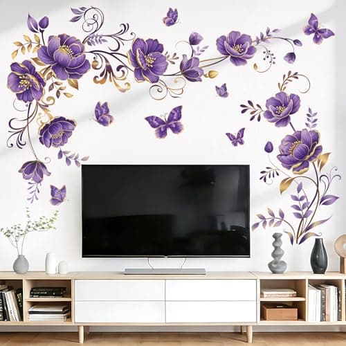 Image of wondever Purple Gold Flowers Wall Stickers Flower Vine Butterfly Floral Peel and Stick Wall Art Decals for Sofa TV Background Living Room Bedroom