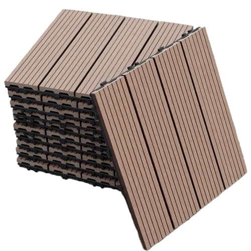 Image of Gr8 Garden 11 Piece Wooden Stripe Effect WPC Composite Classic Interlocking Floor Decking Tiles Outdoor Patio Garden Lawn Balcony Floor Play Area Deck Terrace Set (Coffee)