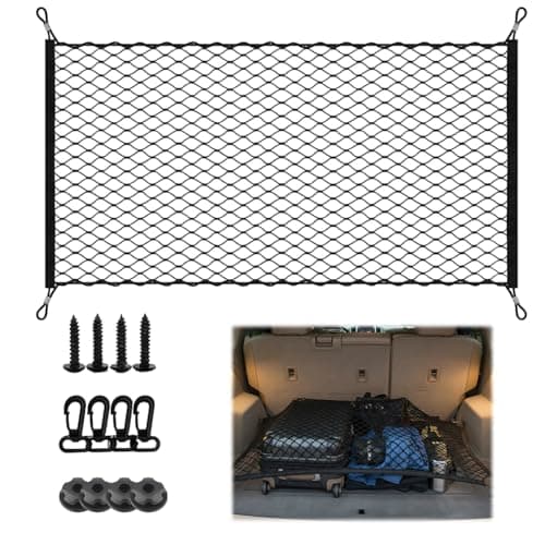 Image of Cargo Net, Stretchable Elastic Nylon Cargo Net for Van, Universal Car Boot Net for Car Storage with 4 Screws and 4 Buttons, Used for Car Roof Storage, Luggage, Grocery Trunk Net, 110 X 60cm