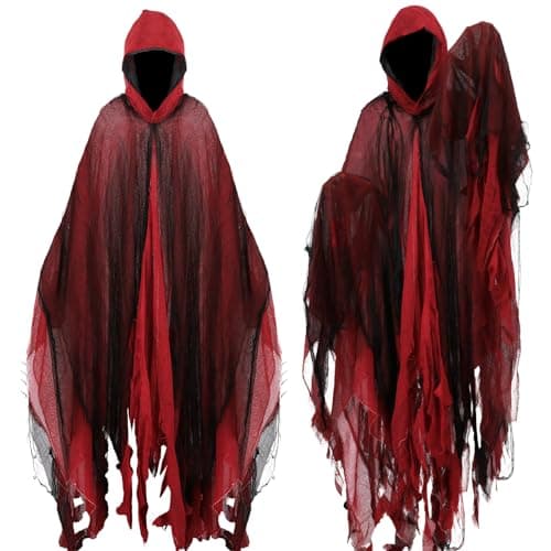 Image of Lyxaof Adults Grim Reaper Hooded Cloak Vintage Horror Ghost Costume Halloween Carnival Medieval Theme Party Cosplay Dress Up Outfit for Men Women (Red, One Size)