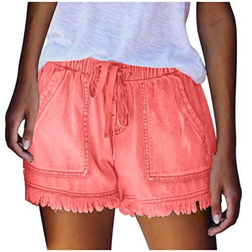 Image of Womens Jean Shorts Casual Drawstring Denim Shorts Elasticated Waist Frayed Hem Summer Jeans with Pockets Comfy Loose Fit Wide Leg Denim Hot Pants