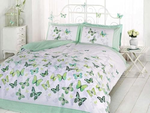 Image of Rapport Home Furnishing Green Butterfly King Duvet Cover Set | Reversible Easy Care Polycotton Bedding with 2 Pillowcases - 230cm x 220cm