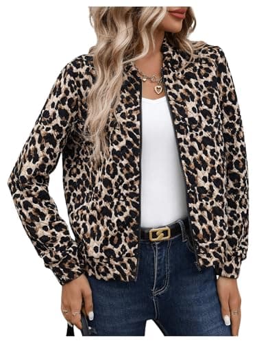 Image of GORGLITTER Women's Textured Zip Up Bomber Jackets Baseball Collar Long Sleeve Lightweight Outwear Coats Brown and Black Large