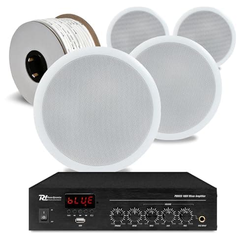 Image of Power Dynamics 4x PD CSPB5 100V Line Ceiling Speaker Kit with Bluetooth PDM25 Amplifier, 50m Cable - Ideal 100V Line Speaker Sound System for Cafe or Small Office Music System