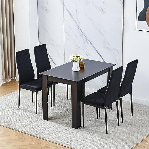 Image of Homullel 110cm Dining Table and 4 Chairs, 4 Seater Kitchen Table and Chairs Set for Space Saving, Compact Dining Room Set for 4, 110x70 cm, Wooden, Walnut Black (4 Seaters, Flannel Black)