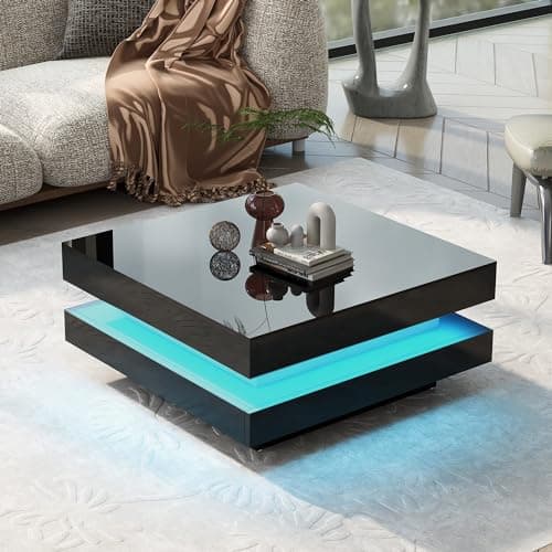 Image of BTM Square High Gloss Coffee Table with Rotating Top,Coffee Table with LED Lights(16 Colours), Black 70x70x36cm