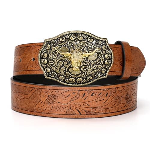 Image of JASGOOD Men Leather Western Cowboy Belt Engraved Longhorn Buckle Belt for Men Women Cowgirl Western Belt for Jeans,Brown