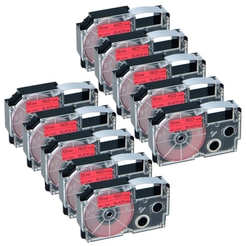 Image of NineLeaf Compatible for Casio Label Maker XR-12RD XR-12RD1 12mm x 8m Black On Red Label Tapes for Casio KL-60 100 120 200 300 750 780 820 2000 7000 7200 7400 8100 8200 P1000 Label Printers, 10PK