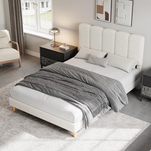 Image of Aptliton 4FT6 Double Bed Frame 135 x 190 cm, Bouclé Upholstered Platform Bed with Beige Teddy Fabric Wave Headboard, Sturdy Wooden Slats, No Box Spring Needed, Easy Assembly, Beige