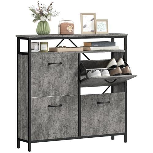 Image of HOMCOM Narrow Shoe Cabinet with 4 Flip Drawers, Slim Shoe Storage Cabinet with Adjustable Shelves and Open Shelf, Industrial Shoe Rack for Entryway, Hallway, Holds 12-20 Pairs, Cement Grey
