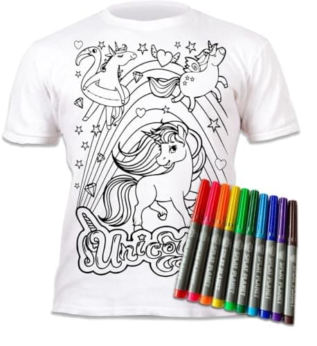 Image of Splat Planet Colour-in Unicorn T-Shirt with 10 Non-Toxic Washable Magic Pens - Colour-in and Wash Out T-Shirt (Age 12-13) White