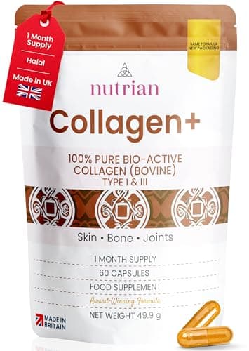 Image of Collagen+ | 1200mg Bio-Active Hydrolysed 100% Bovine Collagen Peptides | Grass-Fed, Halal Certified, Made in UK | Type I & III | Skin, Hair, Nails & Joint Support | 60 Capsules | 1 Month Supply