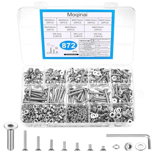 Image of 872PCS M4 Screw Set, Stainless Steel Countersunk Hex Socket Screws and Nuts Kit, Metric Machine Screws Assortment with Washers & Spring Washers, DIY Repair Fastener Set with Wrench