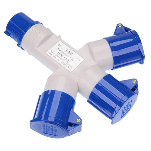 Image of Blue 3 Way Splitter 16A 230V 2P+E IP44 Plug Socket Connector Industrial