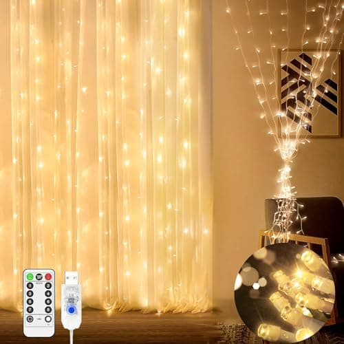 Image of Curtain Lights Indoor Outdoor 200 LED 2m x 2m Fairy Lights USB Powered Christmas Window Lights with Remote 8 Modes Timer for Bedroom Outside Garden Patio Gazebo Party Wedding Decorations-Warm White