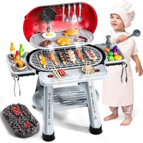 Image of BLmukce Play Kitchen Sets for Toddlers Kids 2-Layer BBQ Grill Playset with Smoke, Sound & Light Interactive Outdoor Kitchen Grill Toys with Play Food Christmas Birthday Gift for 3 4 5 6 Years Old