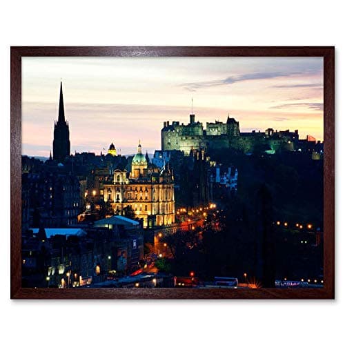 Image of Wee Blue Coo Photo Cityscape Skyline Edinburgh Castle Sunset Dusk Art Print Framed Poster Wall Decor 12X16 Inch
