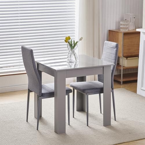 Image of Homullel 75x75 cm Small Dining Table and 2 Chairs, 2 Seater Table and Chairs Set Kitchen Dining Room Set for 2, Compact, Space Saving, Wooden, Glossing Tabletop Grey (2 Seats, Linen Grey)