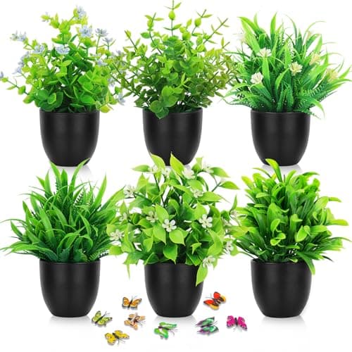 Image of BELICOO 6 Pcs Small Fake Plants in Pots, Small Artificial Plants Indoor Outdoor, 6 Different Shaped Plastic Flowers Plants, Bathroom Plants for Home Garden Office Desk Shower Room Decoration