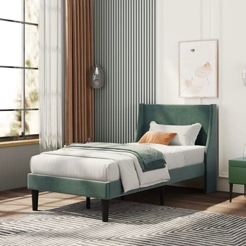 Image of BTM Single Bed, 3FT Upholstered Bed with Winged Headboard, Green Velvet Single Bed Frame, Wood Slat Support, Winged Bed Frame 90x190cm