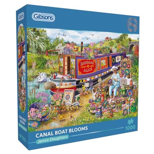 Image of Gibsons Canal Boat Blooms 1000 Piece Jigsaw Puzzle for Adults – River Scene Artist's Artwork by Janice Daughters – Premium Sustainable Puzzle Made in the UK/EU - Great Gift
