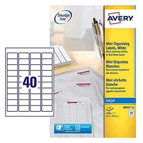 Image of Avery Quickdry, Printable, Mini Address Labels, Customisable, 45.7 x 25.4 mm, White, 40 Labels per Sheet, 1000 Blank Labels per Pack (J8654-25)