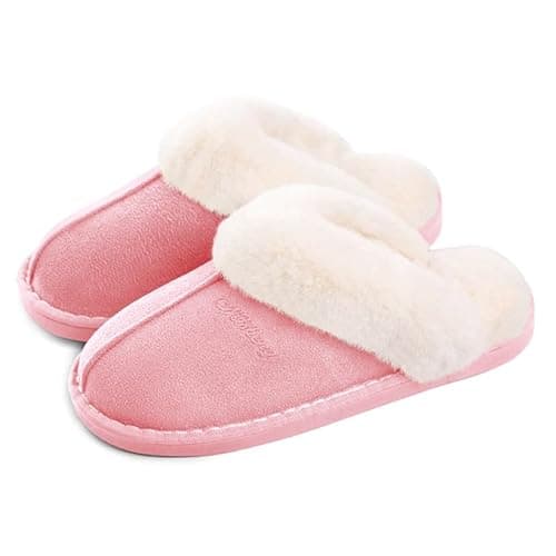 Image of Women Men Slipper Memory Foam Fluffy Slip-on House Suede Fur Lined/Anti-Skid Sole Indoor & Outdoor - Pink - 3.5/5 UK - 270(40-41)